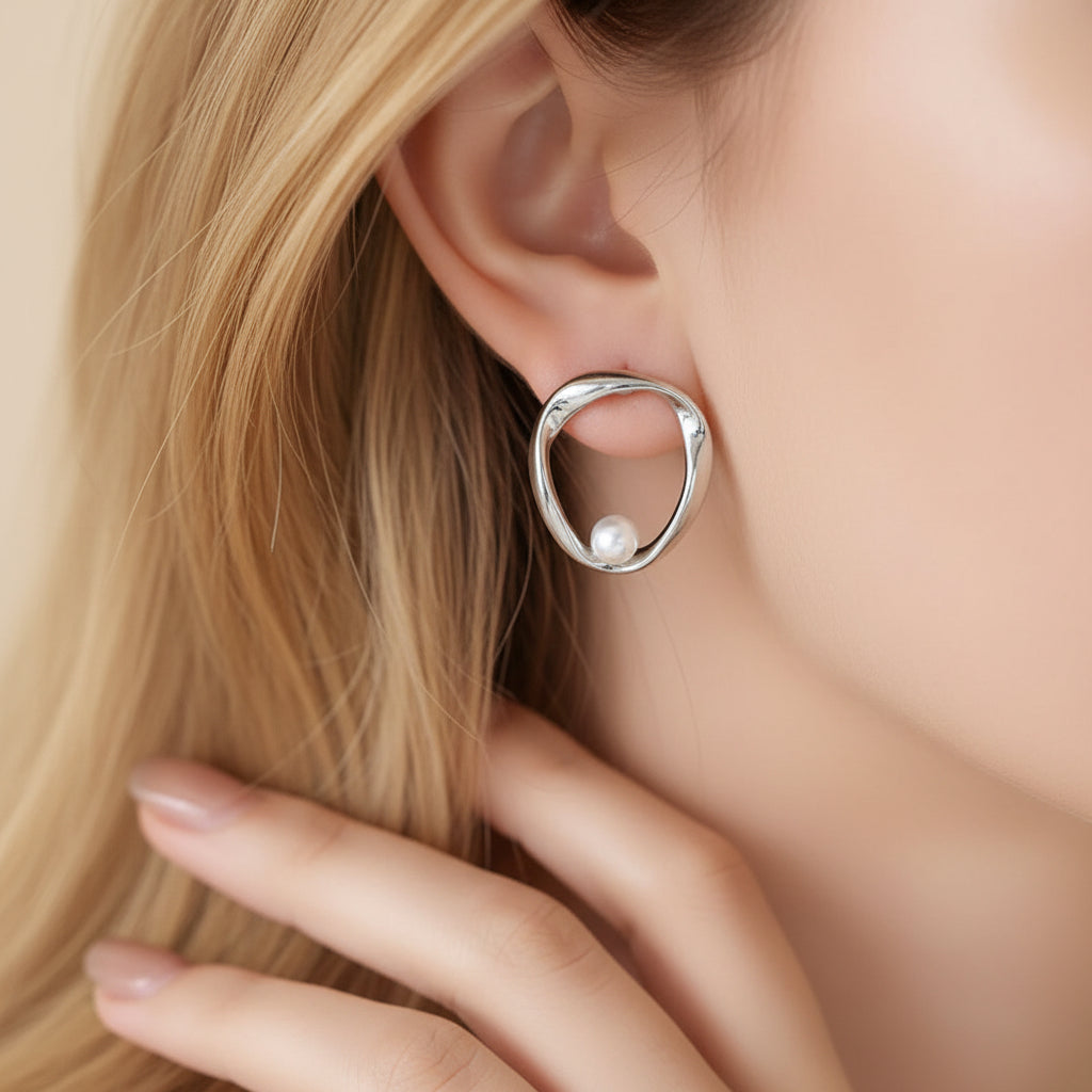 Crescent Pearl Studs in silver with freshwater pearl