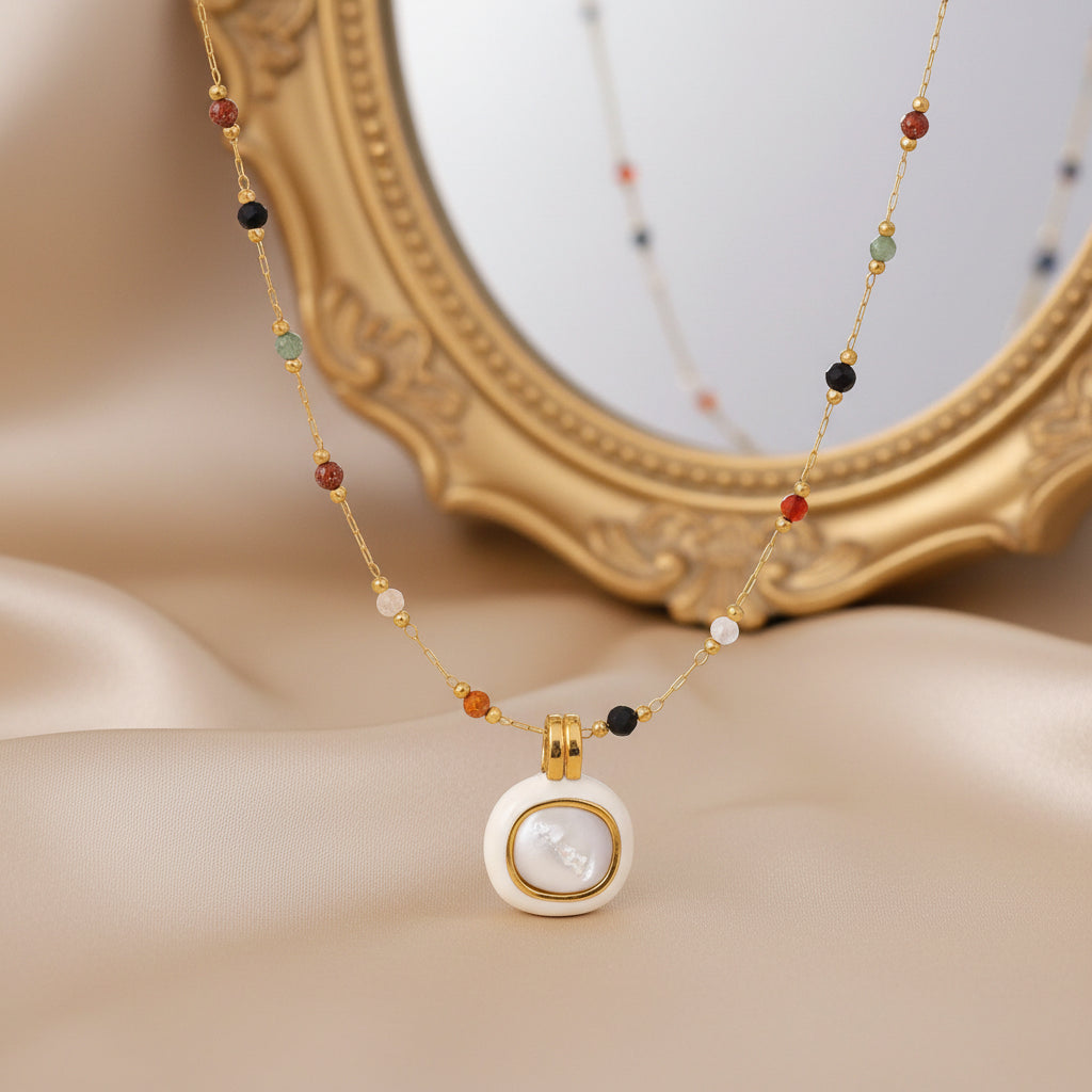Natural Stone & Pearl Medallion Necklace