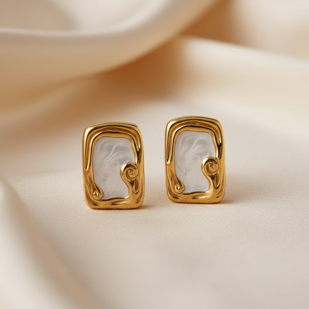 Tide Script Studs gold earrings with mother-of-pearl inlay