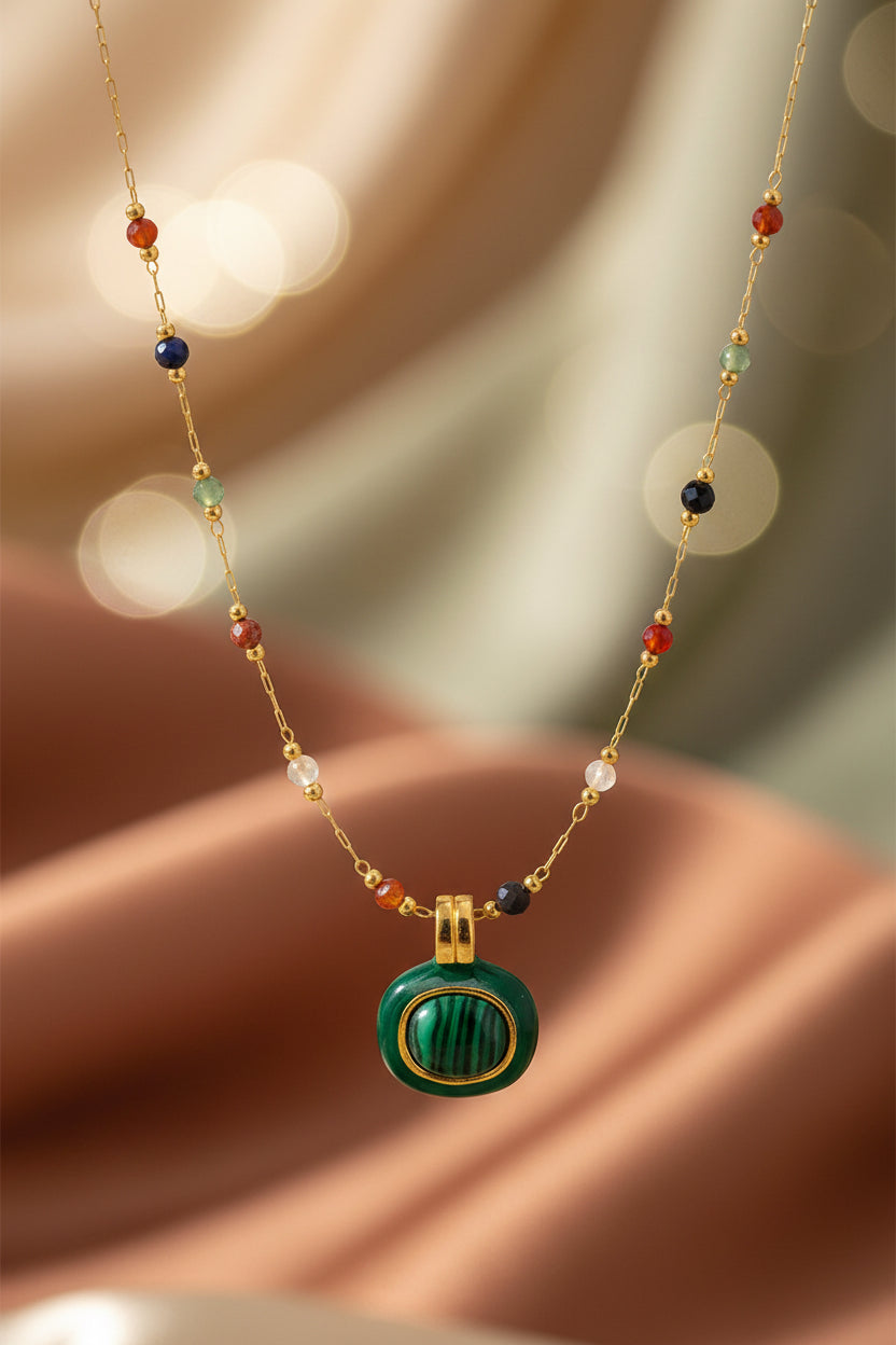 Natural Stone & Malachite Medallion Necklace
